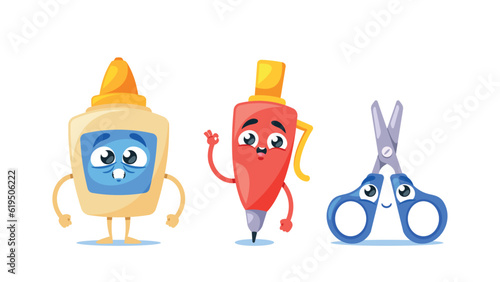 Glue Bottle, Pen and Scissors Cheerful School Item Characters with Smile Face Bring Joy To Learning. Funny Personages