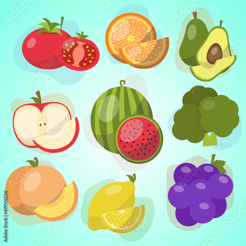 Fototapeta Naklejka Na Ścianę i Meble -  vector set of fruits and vegetables in cartoon style healthy food illustration