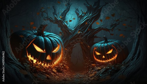 Generative AI of Scary Pumpkins Halloween Forest © Candice