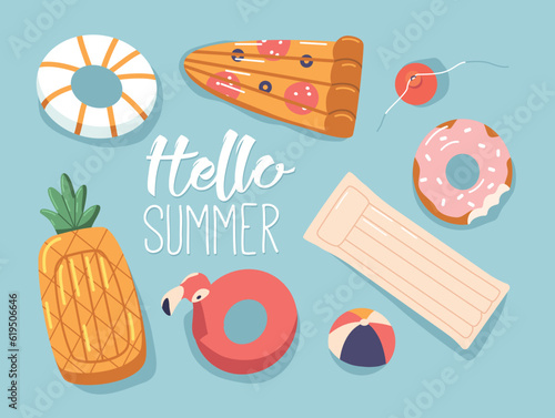 Vibrant Hello Summer Banner Showcasing Colorful Air Mattresses And Rings in Shape of Donut, Pineapple and Flamingo