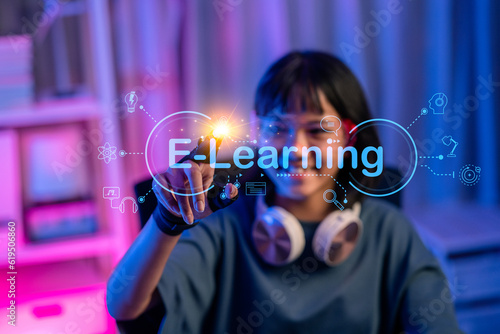 Concept education and technology for learning, Internet for eleaning, internet technology education webinar course. Close-up to fingers Asian woman teenage choosing online course on internet website. photo