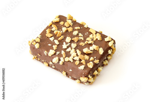Chocolate and wafer crumbs covered dessert snack isolated on white background