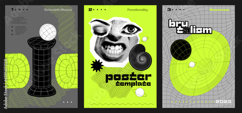 Set of a4 posters in brutalism style. Futuristic minimalistic retro vertical banners with strange wireframes graphic assets of brutalism geometrical shapes and halftone elements. Vector illustration.