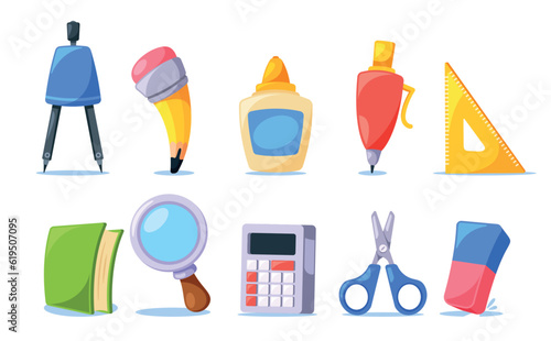 Cartoon School Supplies Compass, Pencil, Glue And Ruler. Textbook, Magnifier, Calculator And Scissors With Eraser