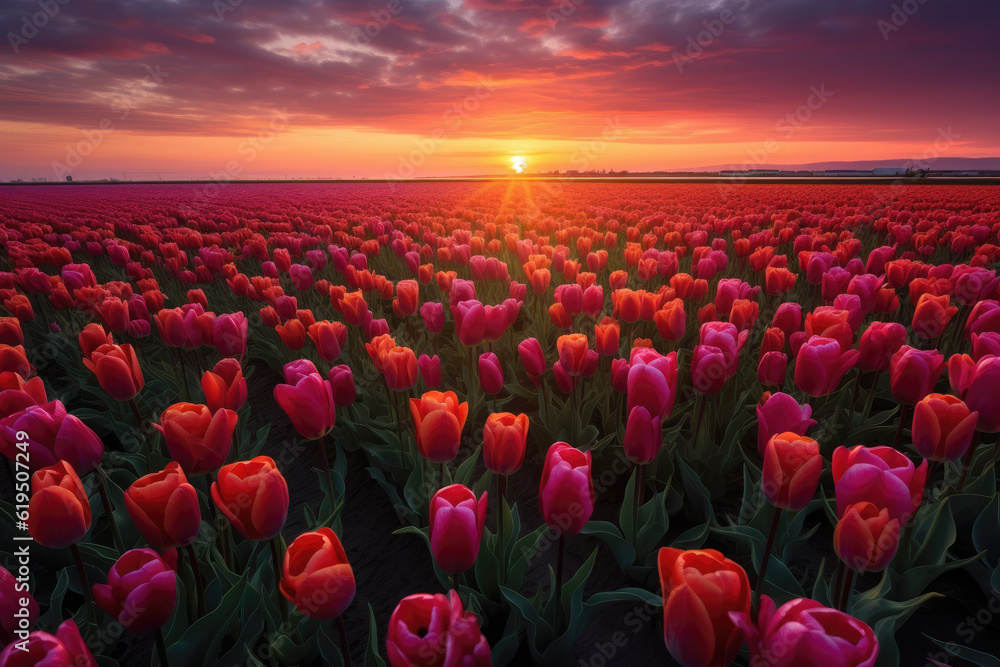 Captivating scene of a magical landscape as the sun rises over a vibrant tulip field in the Netherlands. The colors and beauty of the flowers create a stunning visual display. Generative AI.