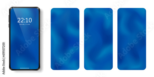 Realistic smartphone and set of abstract display backgrounds with blurred bright blue gradient. Vibrant fluid phone wallpaper. Mock up of empty modern digital gadget backdrop, screensaver, lock screen
