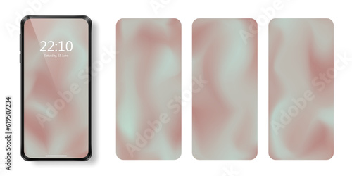 Realistic smartphone and set of abstract display backgrounds with blurred brown and mint gradient. Vibrant wavy fluid phone wallpaper. Mock up of empty modern digital gadget backdrop, lock screen
