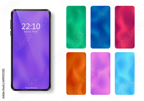 Set of realistic smartphone and bright wavy screen wallpapers for mobile phone. Set of horizontal silky vibrant motion smartphone backgrounds with gradient defocused soft pattern