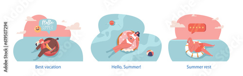 Isolated Elements With With Relaxed Male And Female Characters Enjoying Summer Time Vacation Floating On Air Mattresses