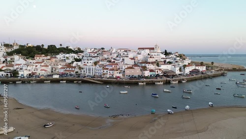 Ferragudo Lagoa Algarve Portugal at Sunset Aerial Drone 4K