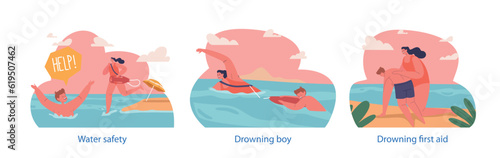 Beach Guard Characters Ensure The Safety Of Beachgoers By Monitoring The Water, Providing Rescue Services