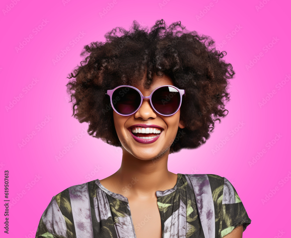 A woman with an afro hairstyle smiling and wearing sunglasses over pink background