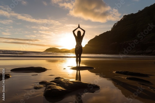 A young woman practices yoga on a secluded beach at sunrise. Generative AI