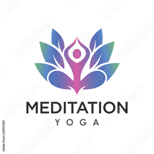 Yoga meditation with lotus flower logo design
