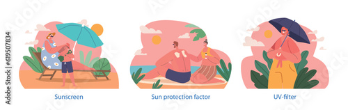 Isolated Elements with Characters Apply Sunscreen, Wear Hat, And Use Umbrellas To Protect Themselves Vector Illustration