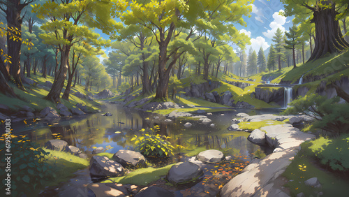  A beautiful rural nature forest. An Illustration in an anime background animation style - Set 2