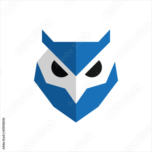 illustration of an owl head in blue and white colors