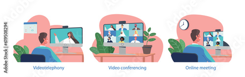 Isolated Elements with Characters Communicate Via Teleconference Using Zoom, A Popular Video Conferencing Platform