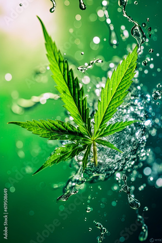 Marijuana leaf in splash of fresh water. Generative Ai