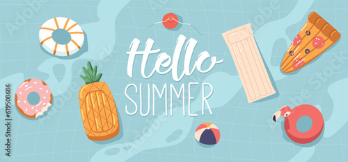 Vibrant Hello Summer Banner Adorned With Colorful Air Mattresses And Floating Rings Top View Cartoon Vector Illustration