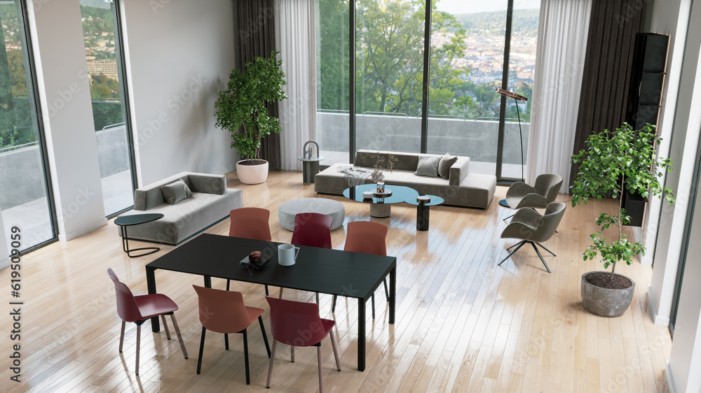 Fototapeta premium Large luxury modern bright interiors Living room mockup illustration 3D rendering computer digitally generated image