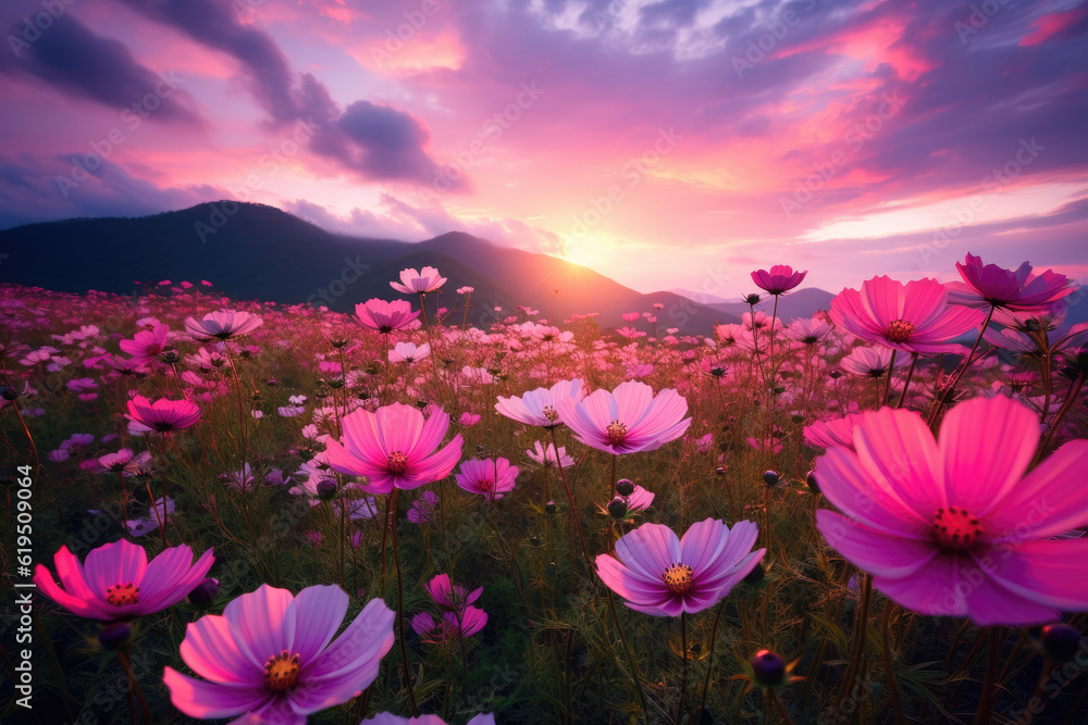 Awe-inspiring mountain landscape with a stunning sight of a vast expanse of pink Cosmos flowers in full bloom. Generative AI. Awe-inspiring mountain landscape with a stunning sight of a vast expanse of pink Cosmos flowers in full bloom. Generative AI.