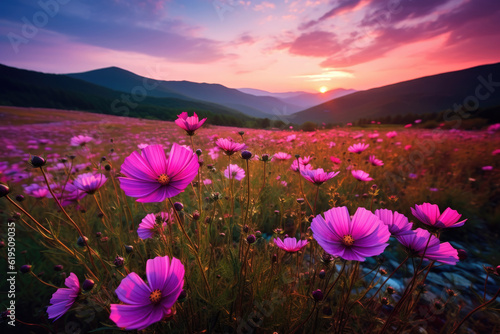 Awe-inspiring mountain landscape with a stunning sight of a vast expanse of pink Cosmos flowers in full bloom. Generative AI. © Shinonome Studio