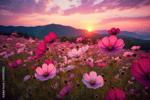 Awe-inspiring mountain landscape with a stunning sight of a vast expanse of pink Cosmos flowers in full bloom. Generative AI. © Shinonome Studio