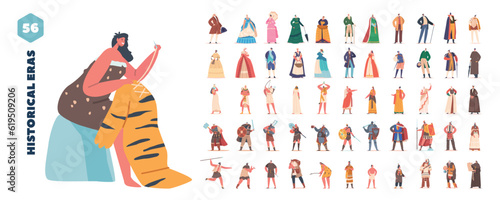 Big Set Male and Female Characters Wear Ancient Costumes. Viking, Knight, Egyptian Pharaoh, Victorian Lady and Gentleman