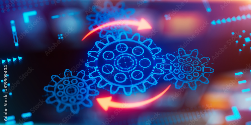 Gears icon on a digital display with reflection. Concept of business process workflow optimisation and automation, digital transformation, robotic process automation and flowing process management. - obrazy, fototapety, plakaty 