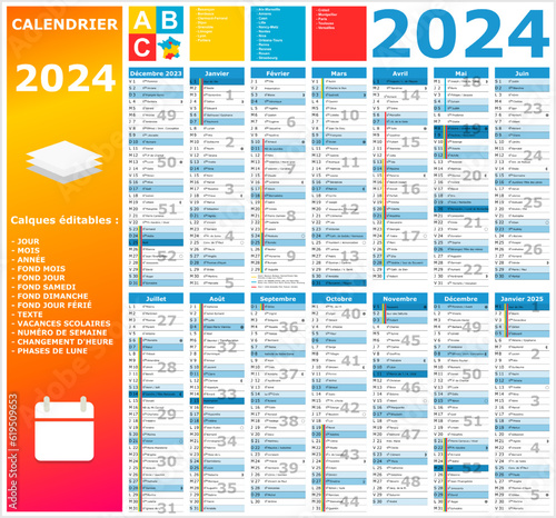 Calendrier 2024 14 mois ntièrement modifiable via calques et texte sans serif