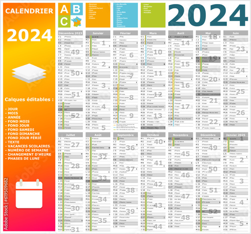 Calendrier 2024 14 mois ntièrement modifiable via calques et texte sans serif