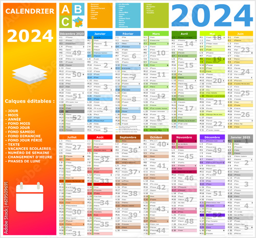 Calendrier 2024 14 mois ntièrement modifiable via calques et texte sans serif
