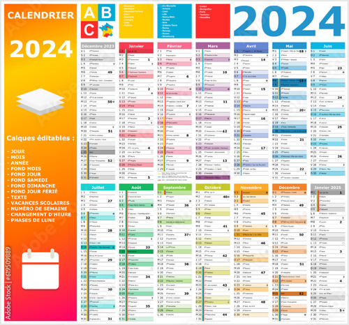 Calendrier 2024 14 mois ntièrement modifiable via calques et texte sans serif