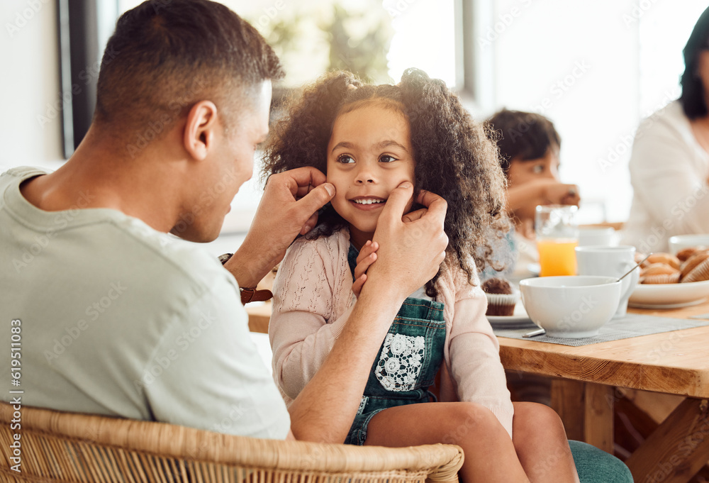 Father, child and smile of a girl at home for bonding, love and care or quality time. Face of a kid or daughter and a happy man in a house for happiness, relax and playing with cheeks at breakfast Father, child and smile of a girl at home for bonding, love and care or quality time. Face of a kid or daughter and a happy man in a house for happiness, relax and playing with cheeks at breakfast