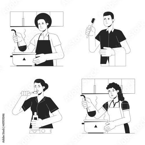 Busy people at home flat line black white vector characters set. Editable outline full body people cooking and brushing teeth on white. Routine cartoon spot illustrations set for web graphic design