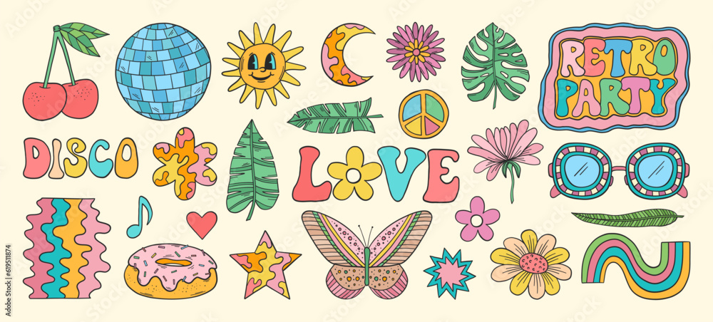 Groovy vector set. Hippie elements. 70s groovy hippie clipart. Retro groovy stickers. Psychedelic funky 60s 70s doodles. Retro cartoon disco ball, cherry, donut. Groovy vector set. Hippie elements. 70s groovy hippie clipart. Retro groovy stickers. Psychedelic funky 60s 70s doodles. Retro cartoon disco ball, cherry, donut.