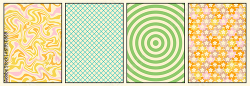 Groovy backgrounds set. Retro groovy texture. 60s and 70s style. Hippie backgrounds. Psychedelic funky abstract. Groovy poster template. Nostalgia for the 70s.