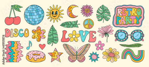 Groovy vector set. Hippie elements. 70s groovy hippie clipart. Retro groovy stickers. Psychedelic funky 60s 70s doodles. Retro cartoon disco ball, cherry, donut.