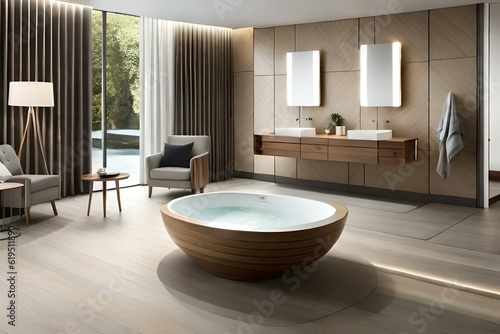 "Create a sleek, minimalist bathroom with ambient lighting and reflective surfaces."