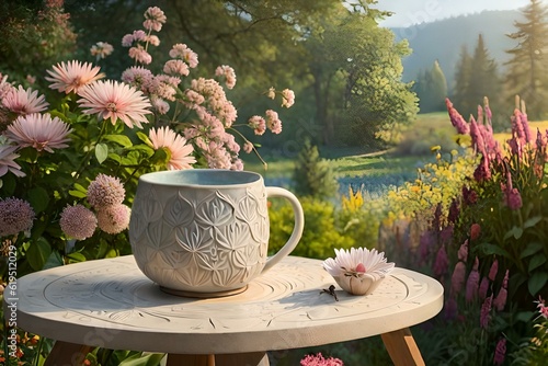 Illustrate the essence of a coffee cup nestled amidst a bed of assorted flowers, capturing the tranquility of the setting.