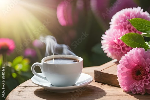 Show a coffee cup placed on a rustic wooden table, accompanied by a scattering of coffee beans.