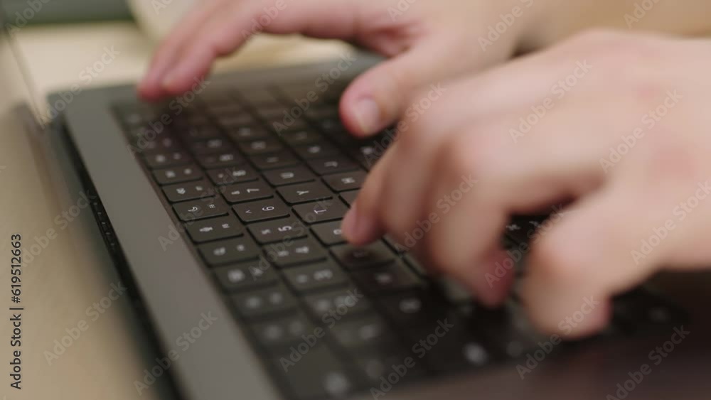 Camera slides around freelancer's hands typing on laptop keyboard in slow motion. Businessman working at office with internet. Man searches new job on internet at coffeeshop. Business concept. Camera slides around freelancer's hands typing on laptop keyboard in slow motion. Businessman working at office with internet. Man searches new job on internet at coffeeshop. Business concept.