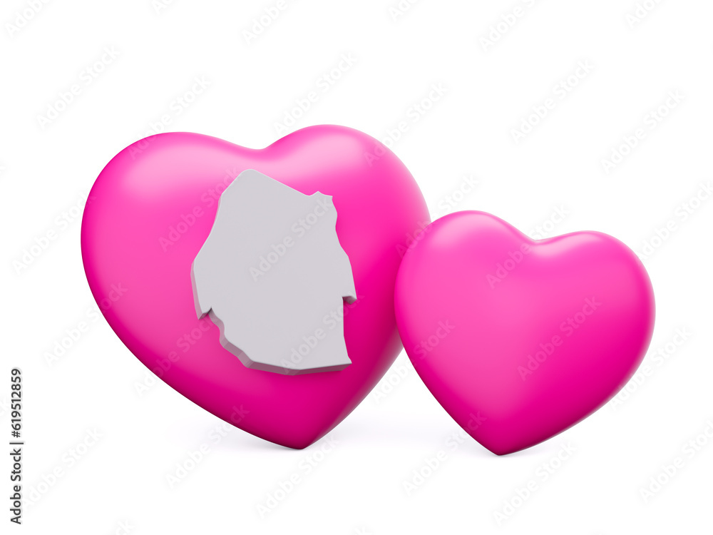 3d Shiny Pink Hearts With 3d White Map Of Eswatini Isolated On White Background, 3d illustration