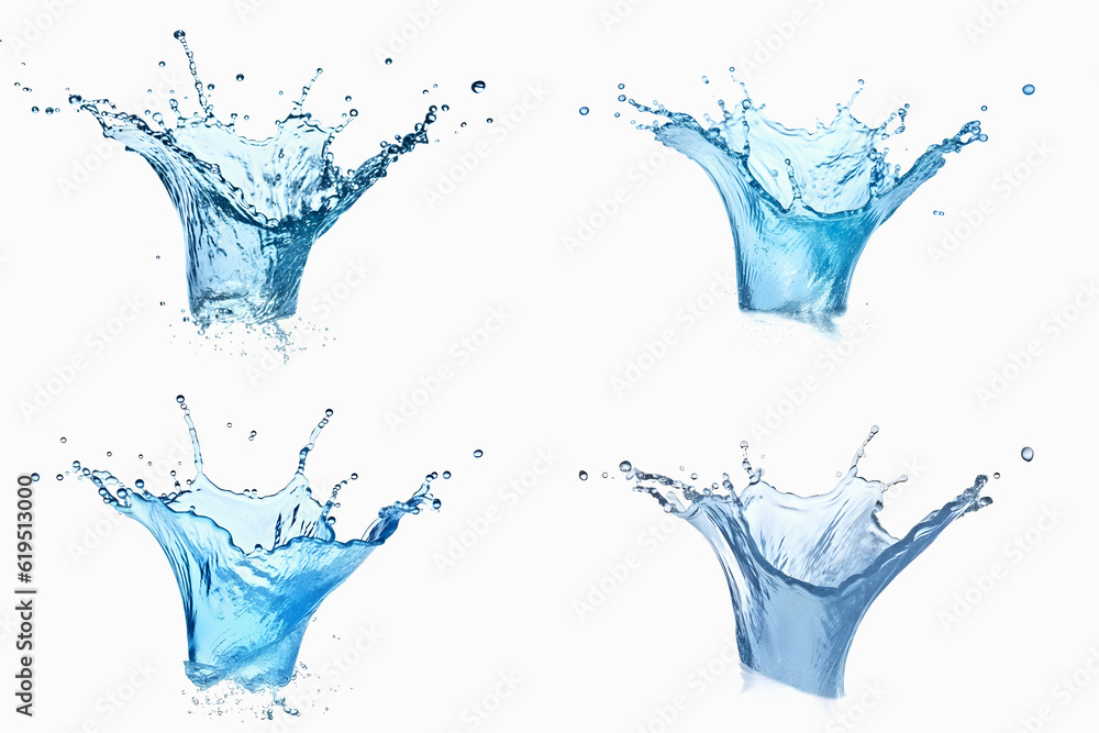 Set of four fabulous splashes of blue water on white background. Generative AI