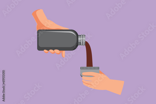 Graphic flat design drawing traveler girl pouring tea in thermos cup, outdoors. Female drinking tea at cup. Theme travel logo, icon. Woman pouring hot drink in mug. Cartoon style vector illustration
