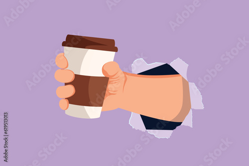 Graphic flat design drawing hand holding disposable paper of coffee cup through torn blue paper or hole. Energy boost, hot drink in take away package from restaurant. Cartoon style vector illustration