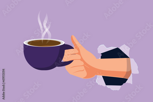 Cartoon flat style drawing of right man's hand hold white cup with coffee or tea. Torn hole in blue paper or hole, copy space. Concept of lunch break at work, lunch. Graphic design vector illustration