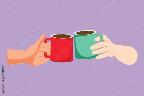 Graphic flat design drawing close up cropped of woman and man or two hands horizontal holding cups of tea, toasting clinking. Friends leisure, healthy lifestyle logo. Cartoon style vector illustration