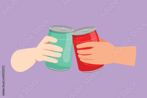 Character flat drawing of two hands clink aluminum can with soda at party. Unhealthy food concept. Soft drink or energy drink. Meeting two friends at birthday party. Cartoon design vector illustration